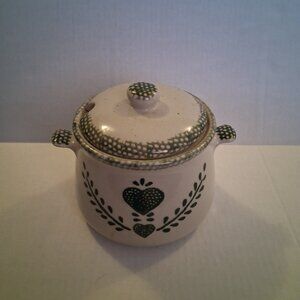 Soup Tureen Double Handles Lid Ivory Green Heart Ceramic Pottery Vintage